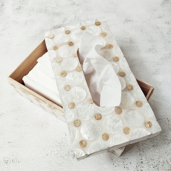Silver/ White Rectangular Tissue Box Cover, Sea Shell Tissue