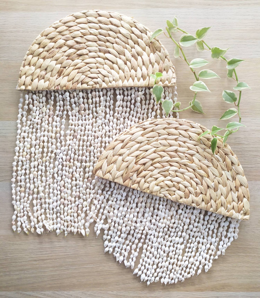 Set of 2 Wicker Water Hyacinth Wall Art, Sea Shells Wind Chime, Boho Woven Bamboo Placemat Wall