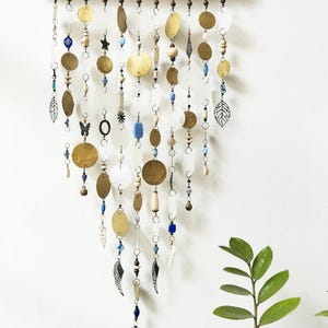 Capiz Shell and Glass Bead Wind Chime, Blue Tone Recycled Lampwork Suncatcher, Porch Decoration, Boho Mobile Sun Catcher, Sea Shell Ornament