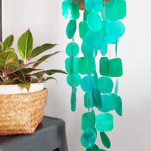 Turquoise Capiz Shell Mobile, Capiz Shell Wind Chime, Boho Shell Windchime, Patio and Porches Boho Decoration, Yoga Chimes