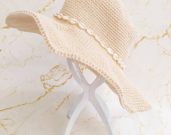 Women's Wide Brim Sun Hat, Crochet Sun Hat, Cowrie Shell Sun Hat, Foldable Summer Sun Hat, Washable Sun Hat; Beach Sun Hat