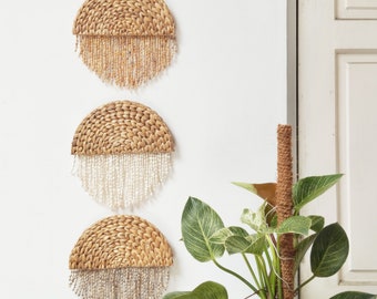Set of 3 Wicker Wall Hanging, Boho Sea Shells Wall Art, Boho Sea Grass Wall Decor, Earth Tones Wall Decor, Living Room Wall Art