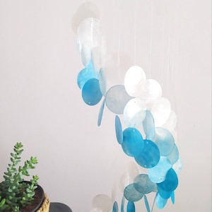 Spiral Blue Capiz Shell Wind Chimes, Capiz Shell Mobile, Ocean Shell Home Decor, Coastal Wind Chime, Cascading Wind Chime, Helix Wind Chime