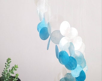 Spiral Blue Capiz Shell Wind Chimes, Capiz Shell Mobile, Ocean Shell Home Decor, Coastal Wind Chime, Cascading Wind Chime, Helix Wind Chime