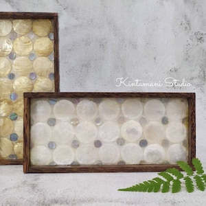 Wooden Serving Tray with Inlay Sea Shells, Handmade Rectangle Wooden Tray, Wooden Tea Cup Tray, Wood Vanity Tray