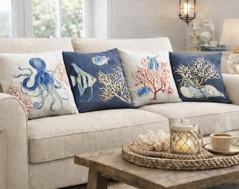 Fish Coral Pillow Cover, Navy Coastal Cushion, Sea Life Print