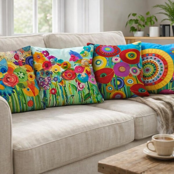 Abstrakter bunter Blumenkissenbezug, lebhafter Kissenbezug, helles Sommergeschenk