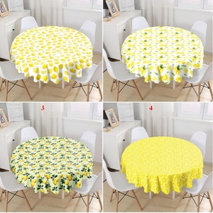 Fresh Yellow Lemon Round Tablecloth, Citrus Table Cloth,  Lemon Print Dining Room Table Cover, Leaves Table Top, Garden Kitchen Table Decor