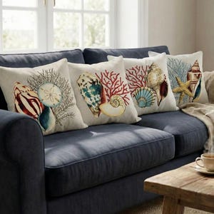 Set Di 2 Federe Per Cuscini 45x45 Cm - Motivo Nautico Blu Con Stella Marina E Conchiglie - Cuscini Decorativi Per Divano