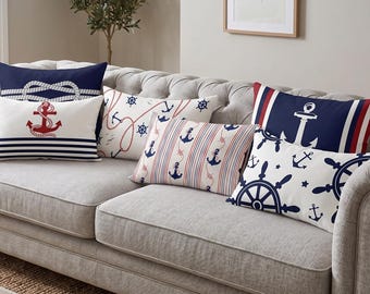 Nautical Lumbar Pillow Cover, Anchor, Knot, and Wheel Designs