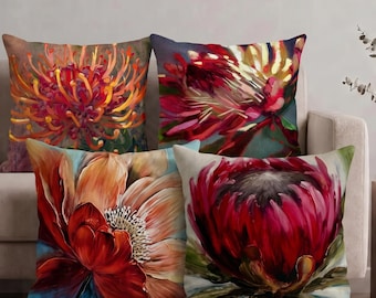 Red Burgundy Floral Cushion Cover, Modern Flower Pillow