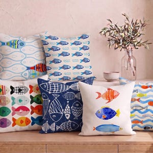 Nautical Fish Pillow Case, Beach House Throw Pillow, Watercolor Coastal Decor