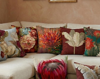 Burgundy Red Floral Pillow Cover, Vintage Oil Painting Cushion Case, Protea Peony Magnolia Decor