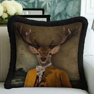 Poszewka na poduszkę z aksamitu z nadrukiem jelenia, dekoracyjna poduszka z frędzlami
