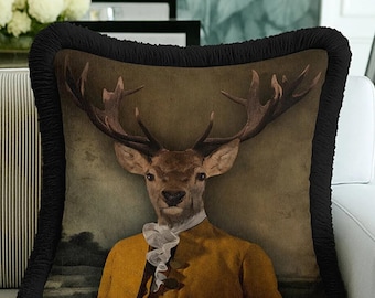 Deer Print Velvet Throw Pillow Cover, Decorative Cushion With Fringes