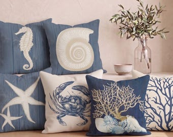 Navy Blue Coastal Pillow Cover, Nautical Sea Life Cushion Case, Ocean Beach House Gift