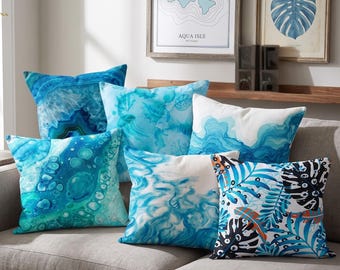 Turquoise Aqua Pillow Cover, Abstract Ocean Cushion Case, Coastal Beach House Gift