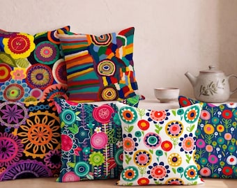 Colorful Folk Art Pillow Cover, Maximalist Flower Cushion, Abstract Circle Print