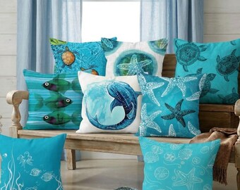 Turquoise Sea Turtle Pillow Covers, Whale Shark & Starfish Coastal Decor