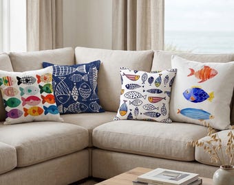 Taie d'oreiller poisson nautique, coussin maison de plage, décor côtier aquarelle