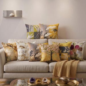 Saffron Mustard Yellow and Gray Pillow Covers, Botanical Flower Throw Cushion, Abstract Tree Art