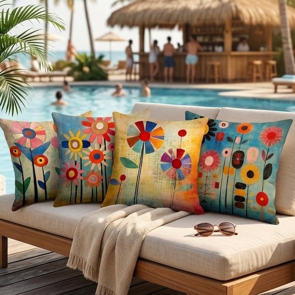 OUTDOOR Abstract Floral Pillow Cover, Vibrant Garden Patio Cushion