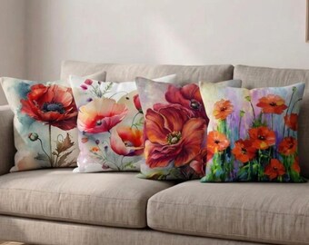 Funda de cojín con estampado de amapolas rojas, decoración floral abstracta