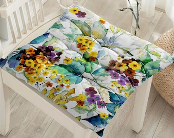 Watercolor Flowers Chair Cushions, Purple and Yellow Floral Puffy Seat Pad, Stylish Patio Seat Cushion, Elegant Chair Pad, Outdoor Cushions