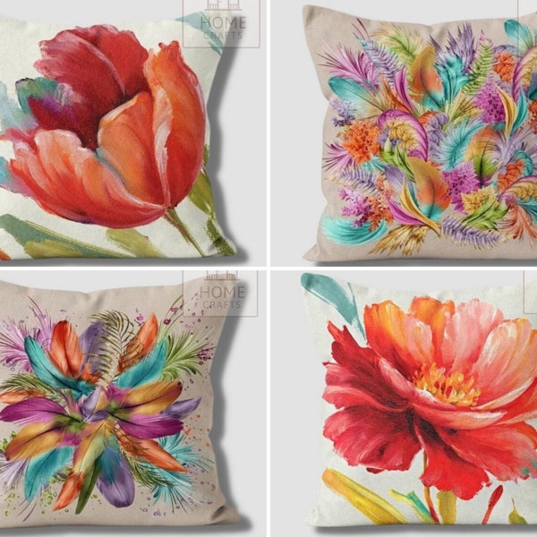 Flower Throw Pillow Covers, Decorative Pillow Cases, Floral Accent Cushion Cover, Feather Print Outdoor Pillows, Orange Pillows, Home Decor