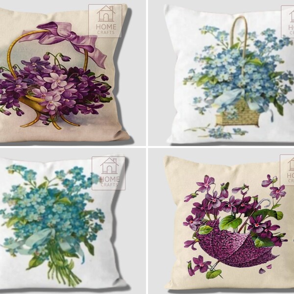 Impatien Blumenmuster Kissenbezug, Blau & Lila Farbe Impatien Blumen Kissenbezug, Botanischer Design Kissenbezug, Blumenliebhaber Kissen Top