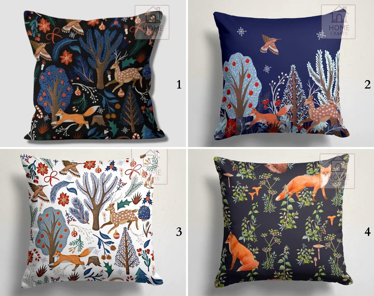 OFloral Winter Fox & Bird Decorative Pillow Cover – 18x18 Inch Cotton Linen Square Case