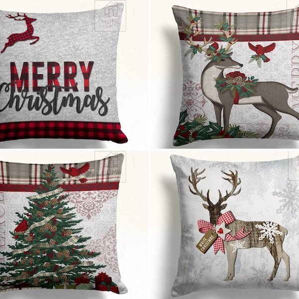 New Year Deer & Cardinal Print Pillow Sham, Christmas Stag Pillow Cover, Noel Buck Pillow Top, Decorative Cushion Case, Yule Gift, Xmas Deco