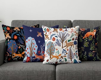 Funda de almohada aterciopelada con estampado de animales del bosque, funda de cojín con diseño de zorro y ciervo del bosque invernal