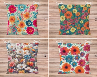 Country Flowers Puffy Cushion Pads, Farmhouse Outdoor Chair Cushion, Wildflower Chair Pad, Cottage Bench Cushion, Orange Floral Seat Cushion