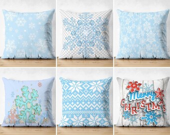 Blue White Snowflake Sofa Pillow Cover, Merry Christmas Pillowcases, Xmas Lace Print Cushion Case, New Year Trend Pillow Top, Winter Decor