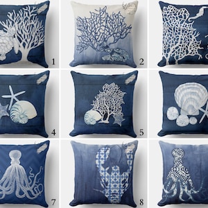 Marine Pillow Cover, Ocean Throw Pillow Cover, Navy Pillowcase, Decorative Cushions, Sea Turtle Pillow, Octopus Pillow, Starfish Pillow