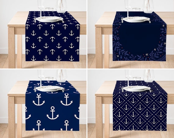 Anchor Table Runner, Nautical Table Cover, Navy Blue Kitchen