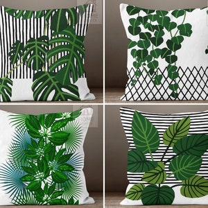 Green Leaves Cushion Covers, Decorative Throw Pillows, Patio Pillow Case, Green White Pillow Sham, Tropical Plant Cushion Case, Leaf Decor