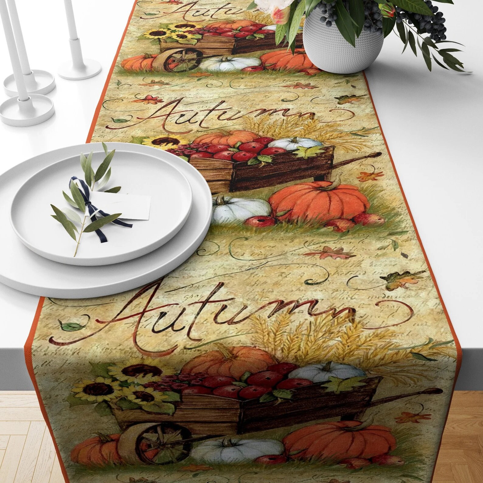 Herbst Tischläufer Mit Kürbis-Blättern – 33x178 Cm, Polyester, Waschbar, Für Esstisch-Deko