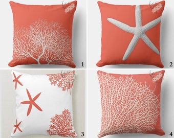 Coral Pillow Cover, Sea Life Throw Pillow Case, Starfish Outdoor Cushion Cover, Beach House Pillow, Coral Cushion 16x16, 18x18, 20x20, 24x24