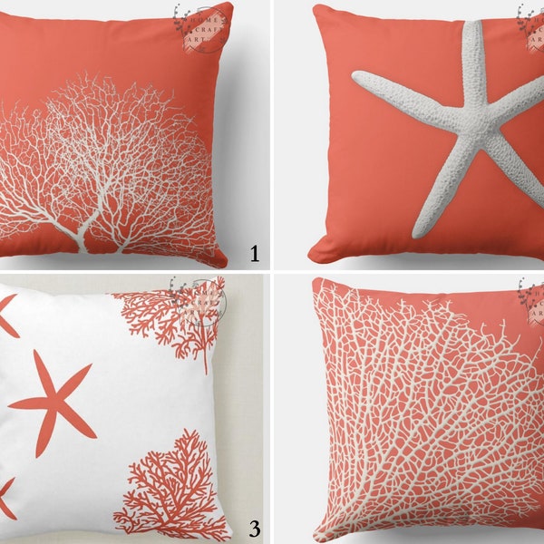 Coral Pillow Cover, Sea Life Throw Pillow Case, Starfish Outdoor Cushion Cover, Beach House Pillow, Coral Cushion 16x16, 18x18, 20x20, 24x24