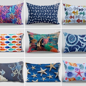 Ocean Pillow Cover, Colorful Fish Pillowcase, Sea Shell Lumbar Pillow Sham, Starfish Rectangle Cushion Case, Coral Pillow Top, Anchor Pillow
