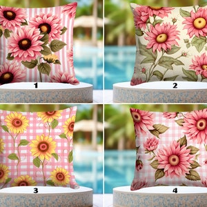 WATERPROOF Sunflower Pillow Protectors, Water Resistant Pink Accent Outdoor Couch Pillowcase, Patio Premium Country Flowers Sofa Pillow Sham