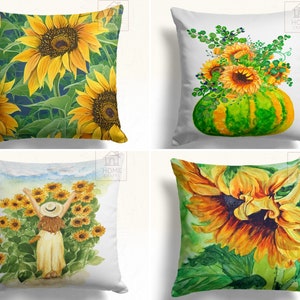 Sunflower Pattern Pillowcase, Yellow Floral Design Throw Pillow Cover, Garden Theme Pillow Sham, Botanical Cushion Cover, Luxury Home Design