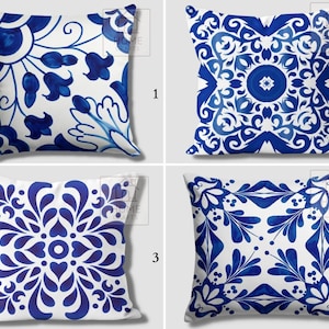 Blue Indigo Watercolor Damask Pillow Cover, Turkish Ornamental Moroccan Tile Mosaic Cushion Cover, Spanish Porcelain Pillow, Vintage Damask