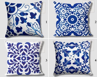 Tile Design Pillow Covers, Turkish Ornamental Indigo Watercolor Moroccan Damask Mosaic Cushion Cover, Spanish Porcelain Pillow, Vintage Deco