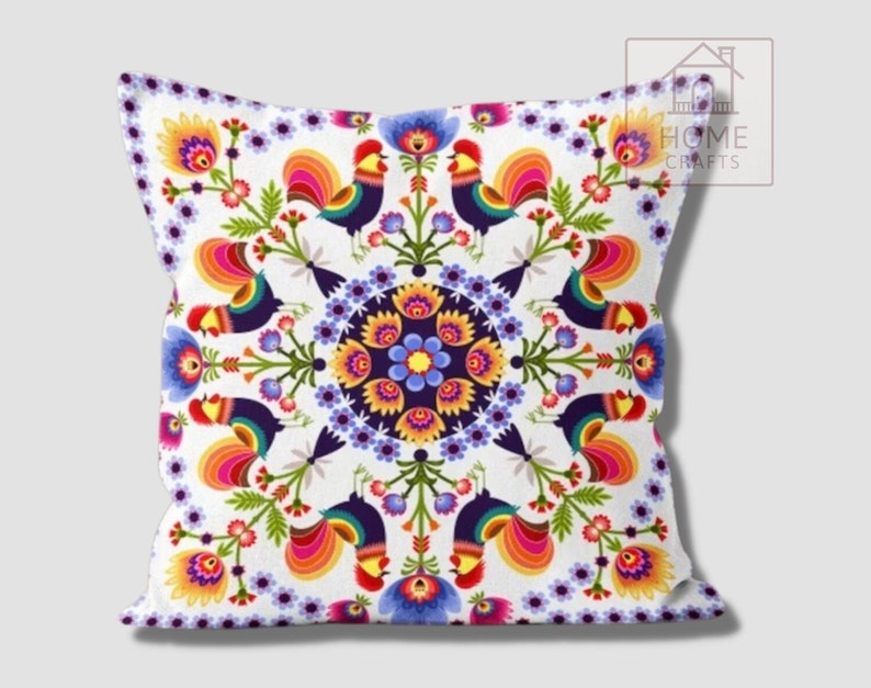 Polish Folk Art Pillow Cover, Wycinanki Flower Cushion, Colorful Ethnic Case image 12
