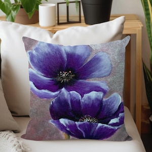 Purple Floral Pillow Cover, Decorative Throw Cushion Pattern #7