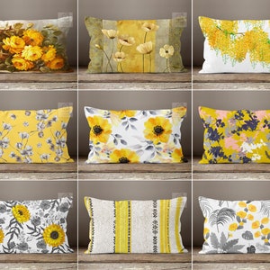 Yellow Floral Lumbar Pillow Cover, Sunflower Lumbar Pillow Case, Yellow Flower Pillow Sham, Poppy Flowers Pillow Top, Modern Interior Decor