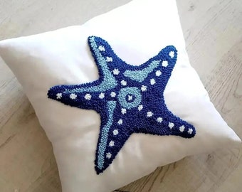 Handmade Starfish Punch Needle Pillow Cover, Beach House Decor
